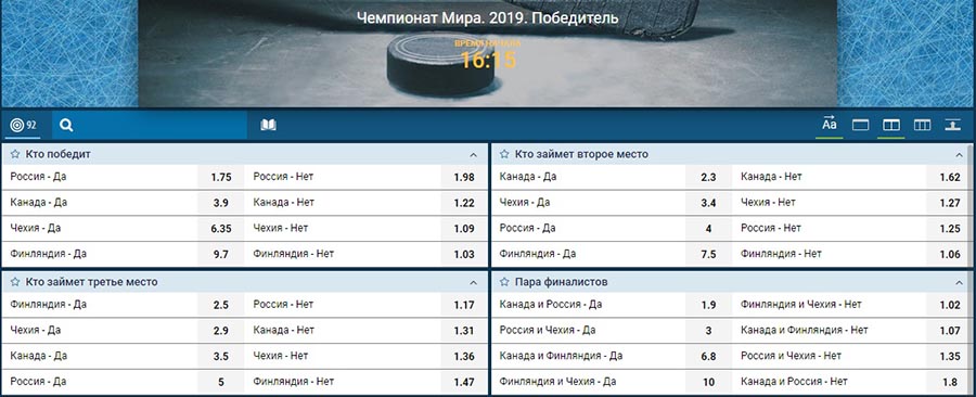Коэффициенты на победителя ЧМ-2019 по хоккею от букмекера 1xbet